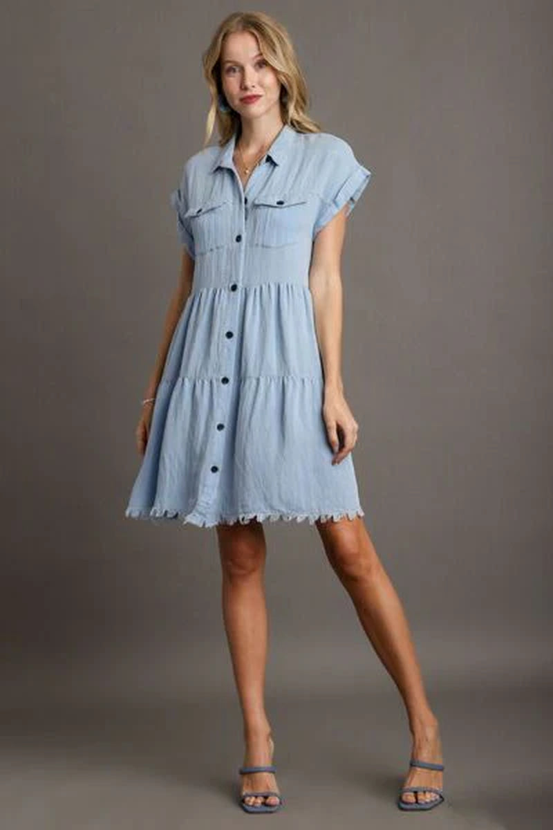 Umgee Frayed Hemline Button down Shirt Dress