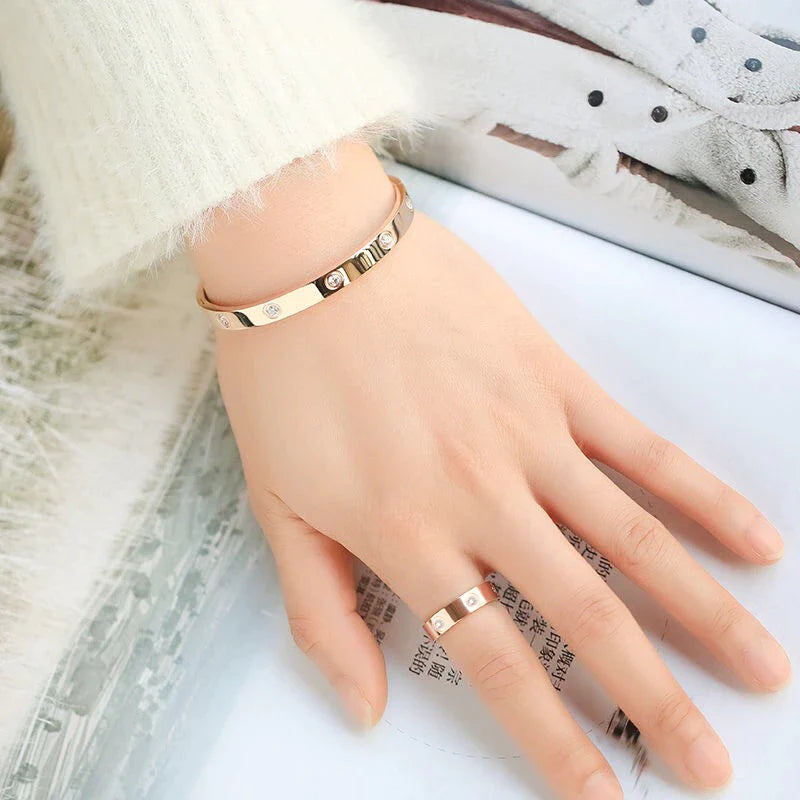 Luxury Bijoux Pulseira Feminina Bangle Ring Set Stainless Steel Jewelry Fit Lover Female Crystal Bracelets Rings Fashion Women