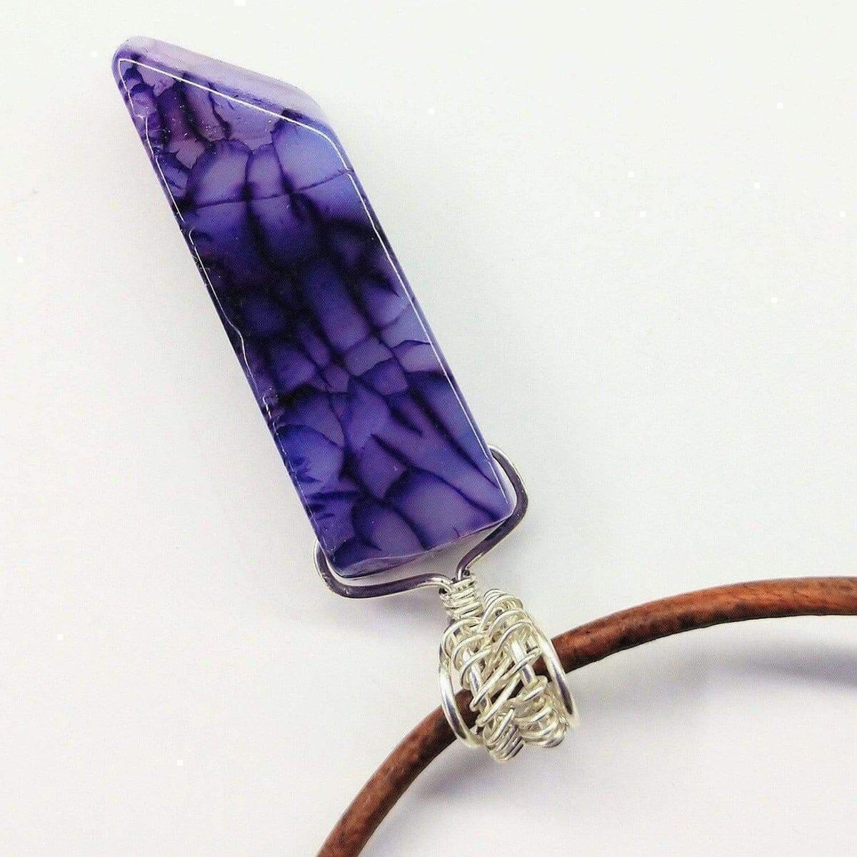 Mystic Violet Silver-Wrapped Agate Pendant on Leather Necklace