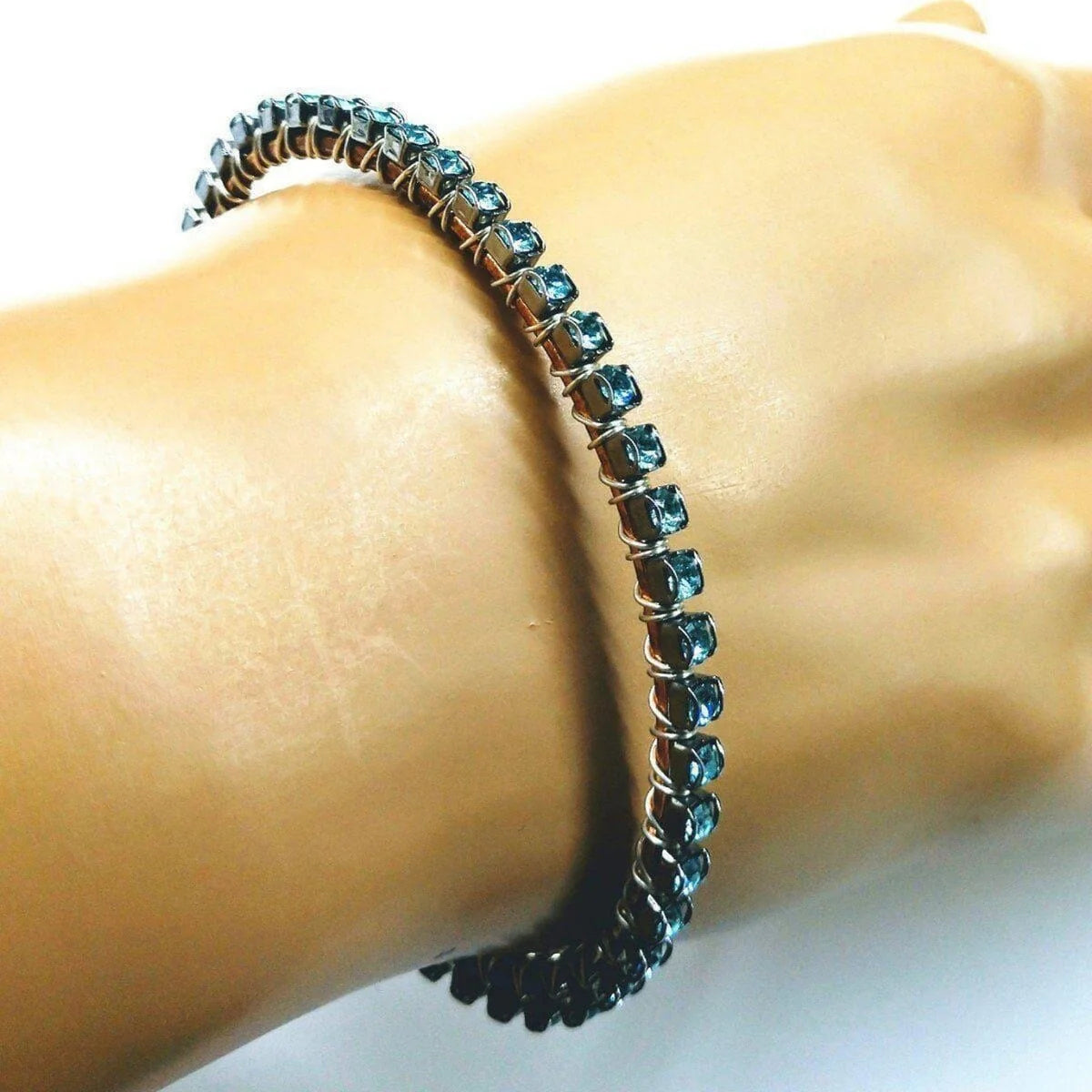 Turquoise Crystal Wire Wrapped Tennis Bangle Bracelet