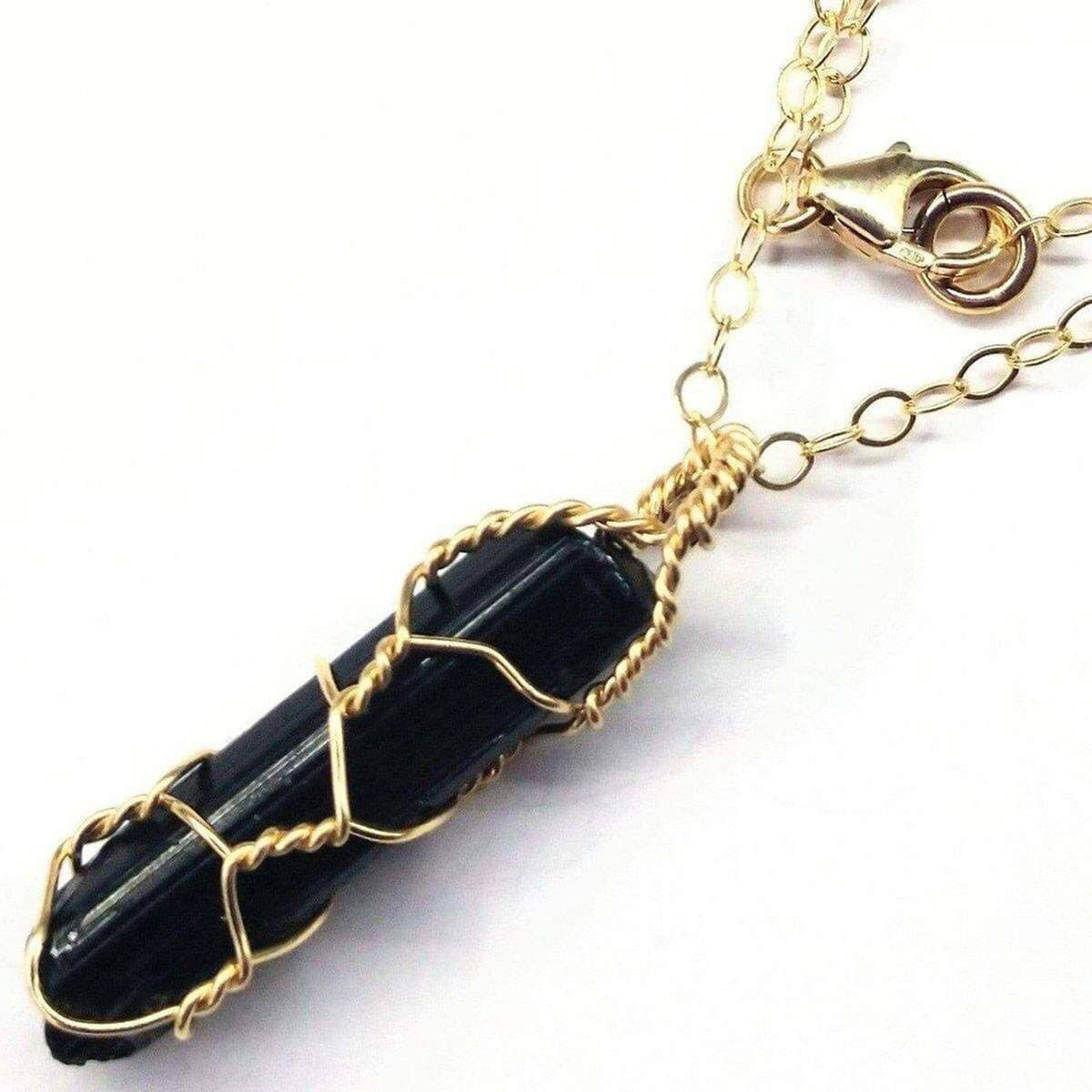 Messy Gold Wire Wrapped Black Tourmaline Pointed Crystal Pendant