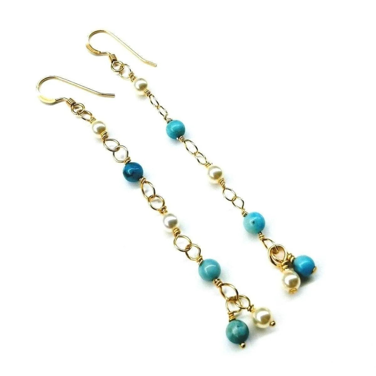 14 KT Gold Filled Wire Wrapped Long Turquoise Pearl Dangle Earrings