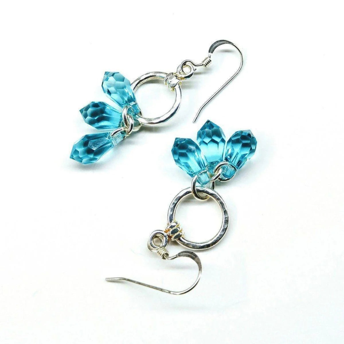 Sterling Silver Hammered Aqua Crystal Cascading Drop Earrings