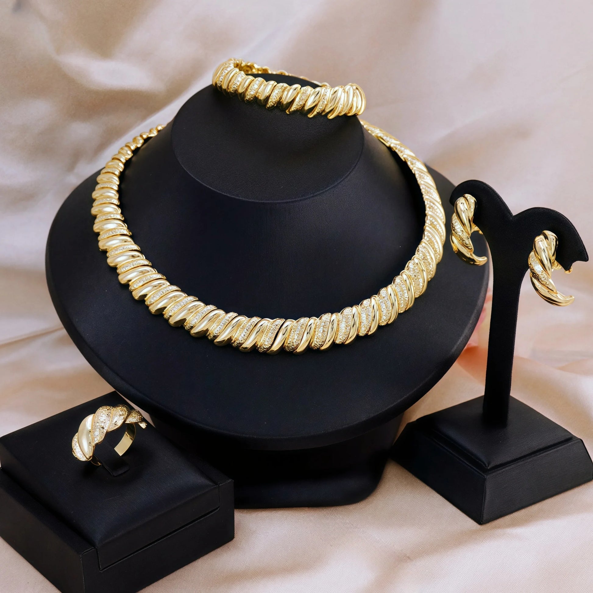 5Pcs Golden Vintage Necklace, Bracelet, Earrings, and Ring, a Jewelry Set for Women'S Wedding Brides