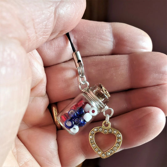 Sterling Silver Wire Wrapped Red White Blue Glass Bottle Phone Charm