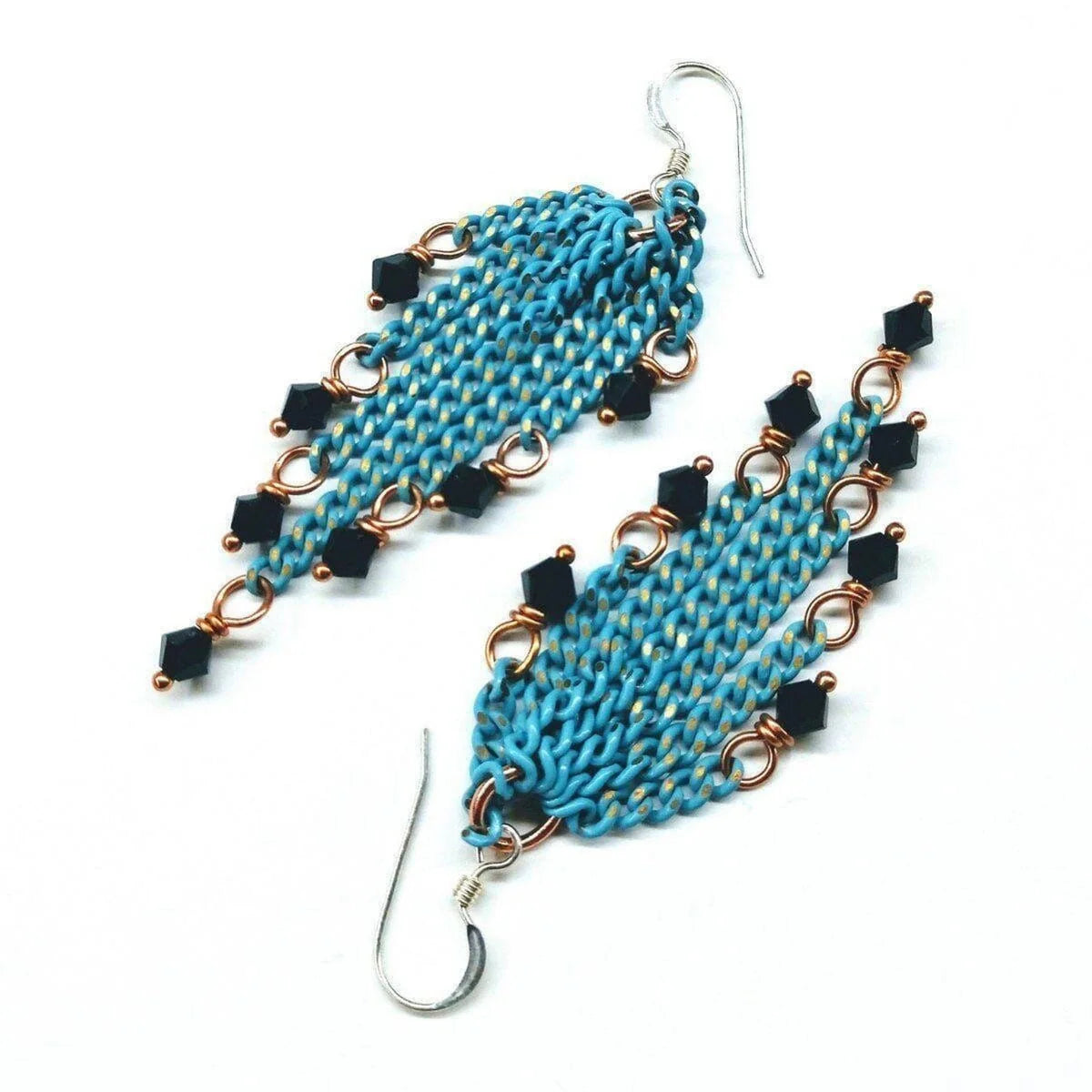 Turquoise Tassel Chain Black Crystal Earrings