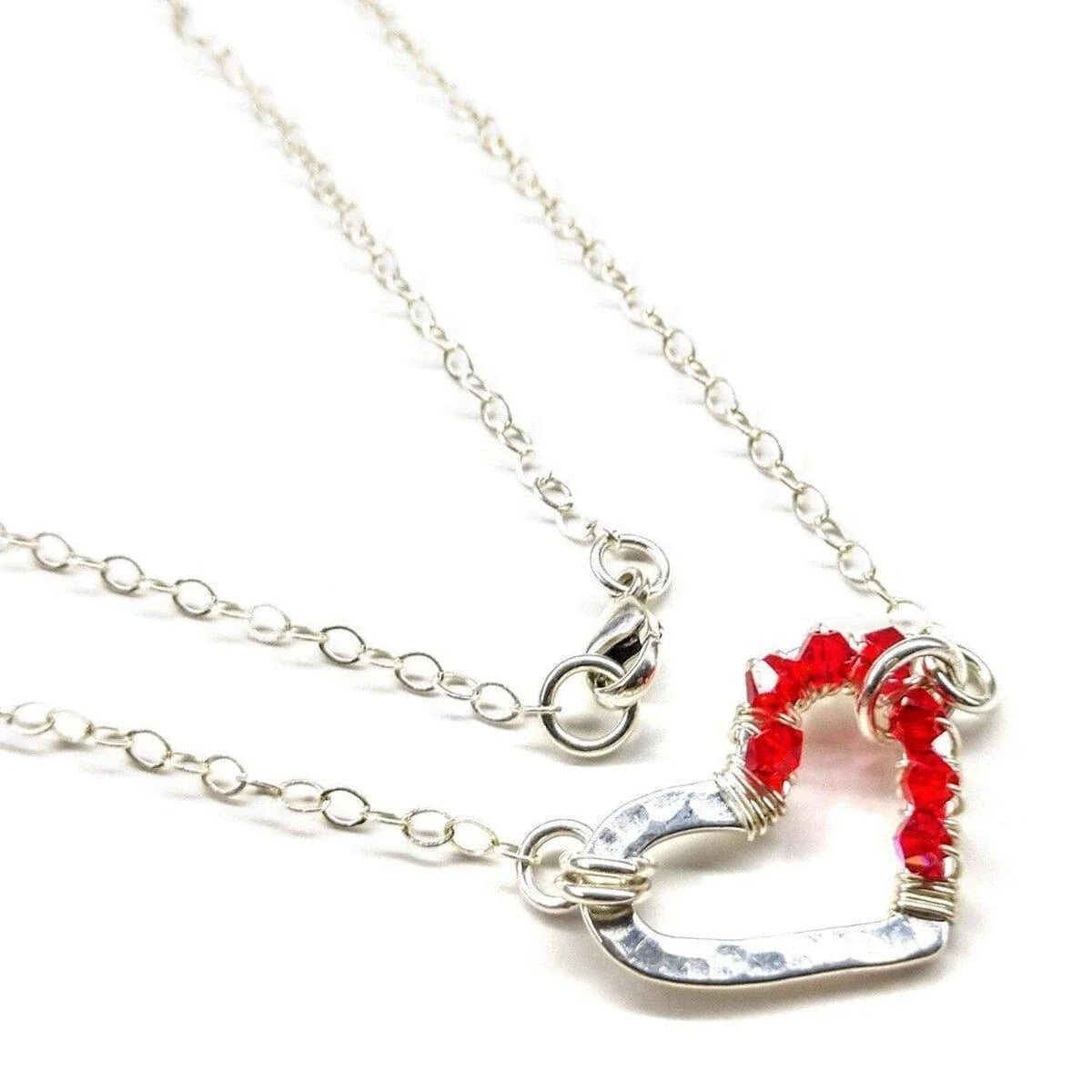 Crimson Sparkle Hammered Heart Silver Necklace