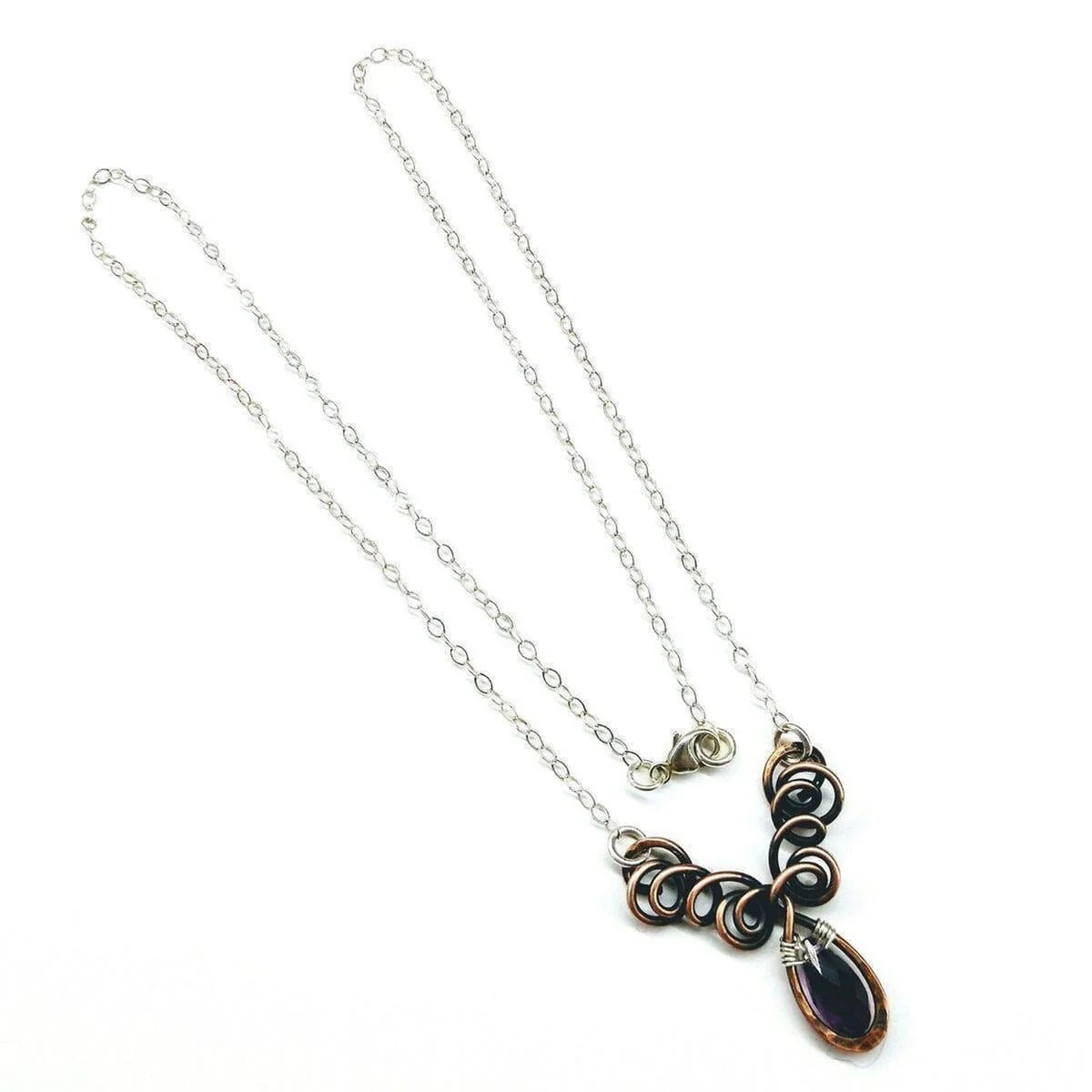 Sterling Silver and Copper Wire Sculpted Amethyst Crystal Drop Necklace