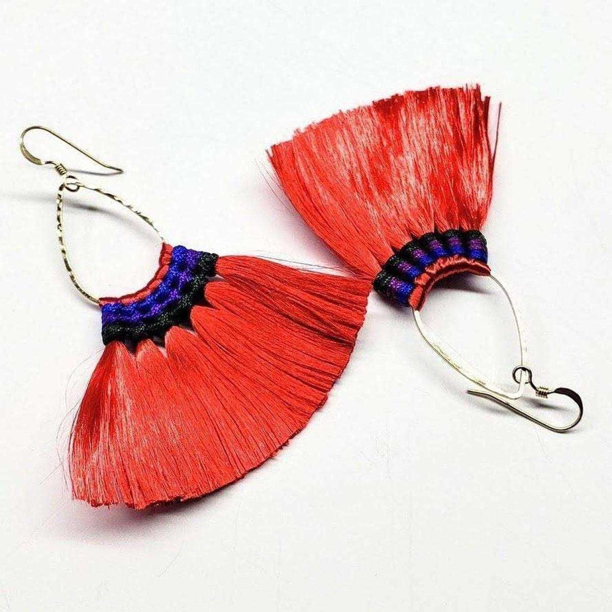 Vibrant Hula Skirt Tassel Hoop Earrings with Rayon Silk Accents