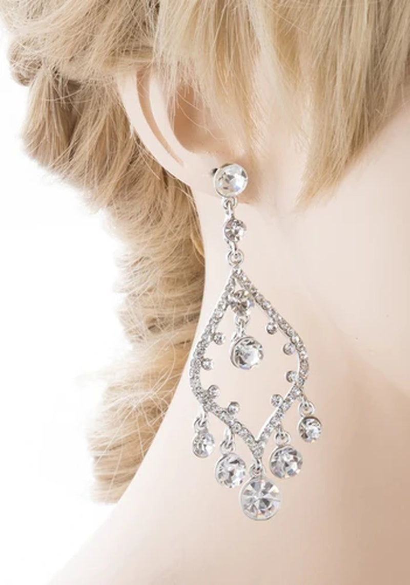 Bridal Wedding Jewelry Crystal Rhinestone Open Chandelier Dangle Earrings Silver