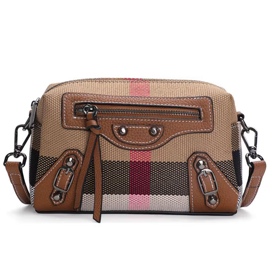 Classic and Quirky Motorcycle Bag, Genuine Leather Women'S Checkered Shoulder Bag, Retro Square Mini Crossbody Bag (023)