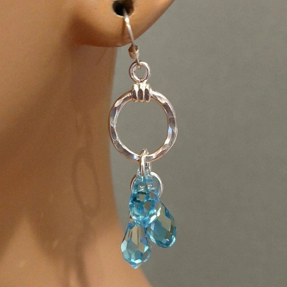 Sterling Silver Hammered Aqua Crystal Cascading Drop Earrings