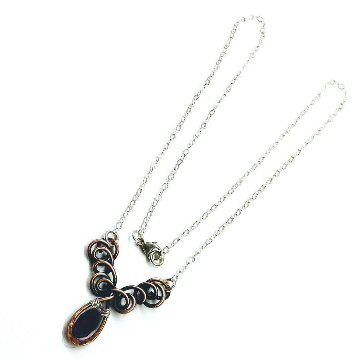 Sterling Silver and Copper Wire Sculpted Amethyst Crystal Drop Necklace