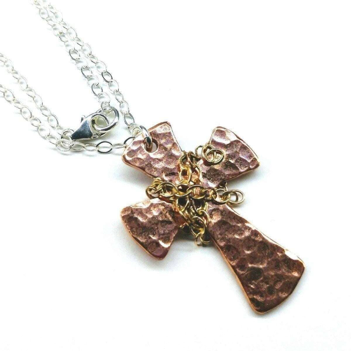 Chained Hammered Copper Cross Necklace for Him or Her