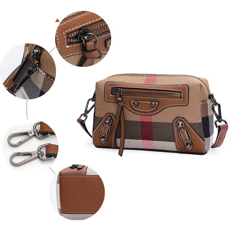 Classic and Quirky Motorcycle Bag, Genuine Leather Women'S Checkered Shoulder Bag, Retro Square Mini Crossbody Bag (023)