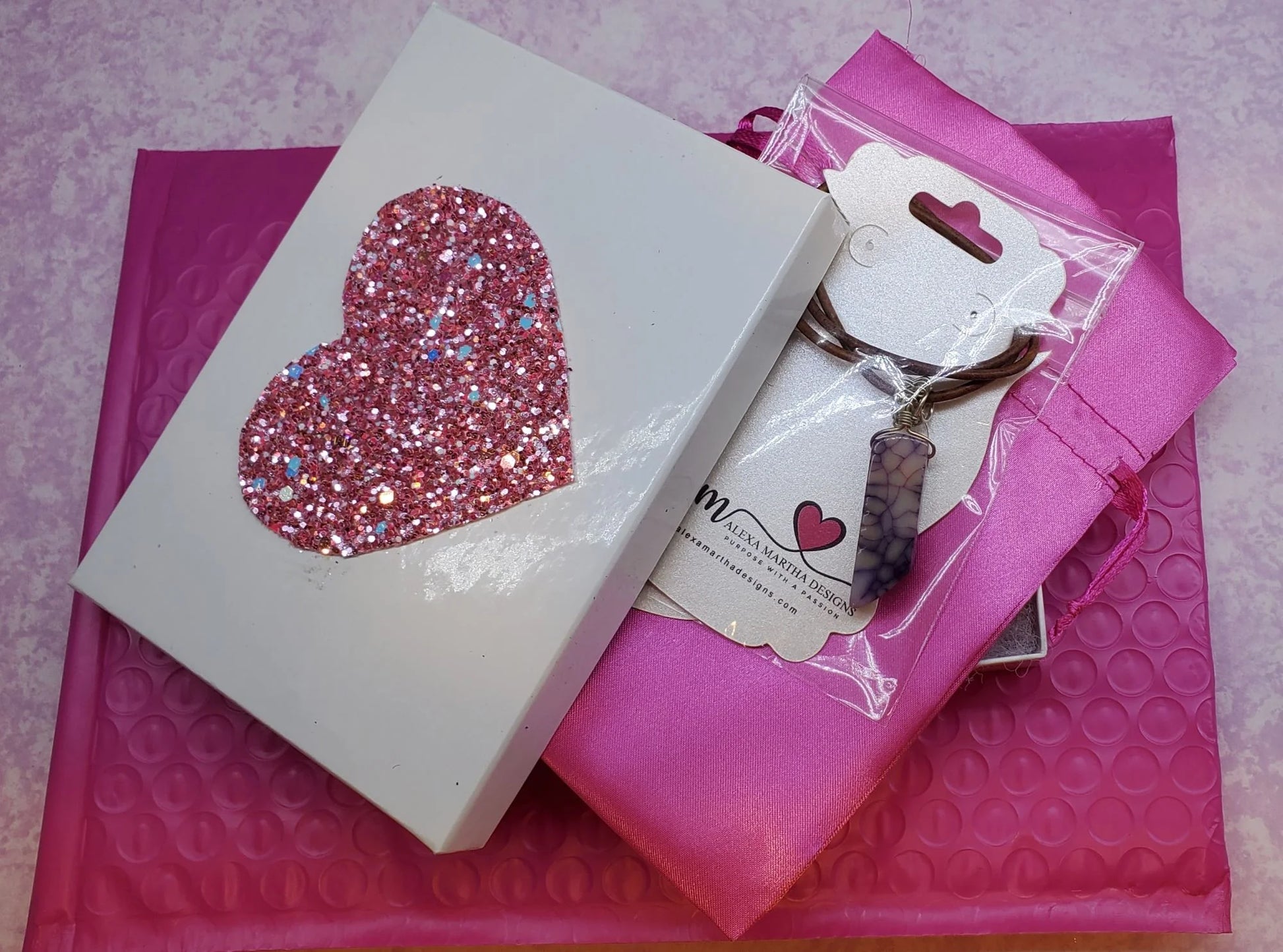 Handmade Lace Ribbon White Lacquered Pink Sparkly Heart Box