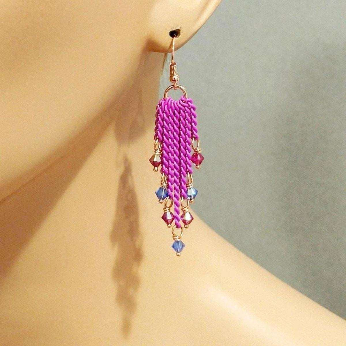 Vibrant Pink Crystal Tassel Drop Earrings