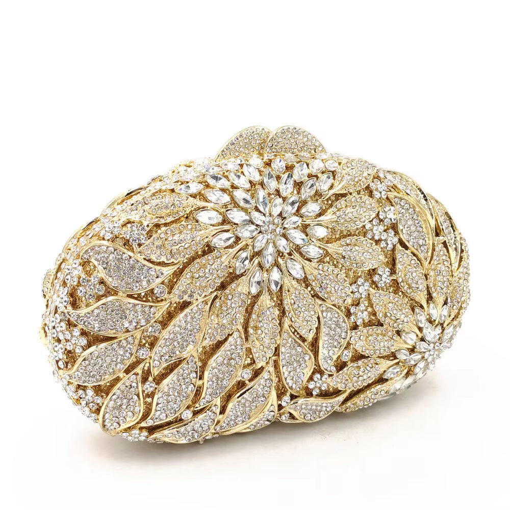 Gold Metal Leaves White Crystals Evening Clutch Bags Luxury Women Wedding Party Purse Ball Handbags Rhinestone Mini Minaudiere (070)