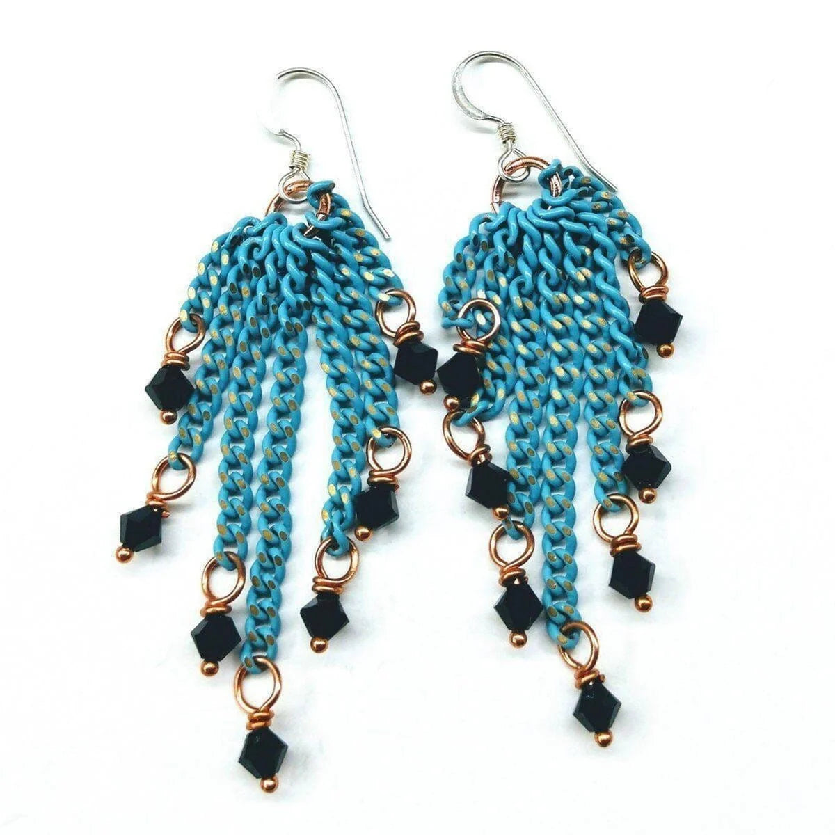 Turquoise Tassel Chain Black Crystal Earrings