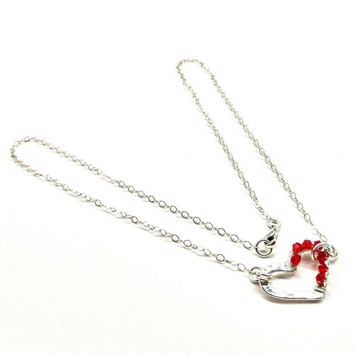 Crimson Sparkle Hammered Heart Silver Necklace