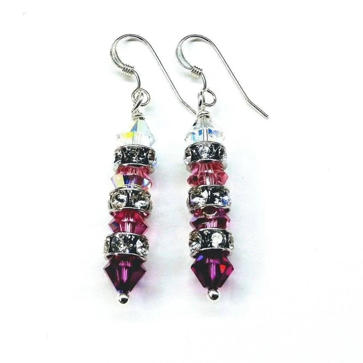 Vibrant Fuchsia Gradient Stacked Crystal Sterling Silver Dangles 