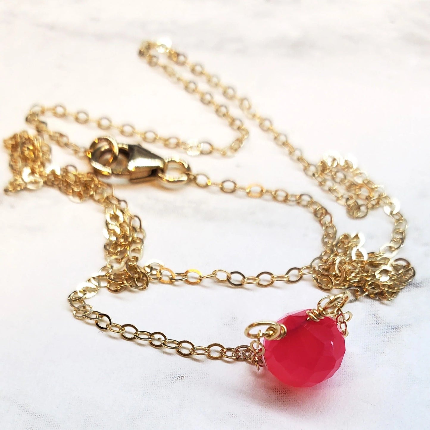 Tiny Hot Pink Chalcedony Gold Filled Necklace