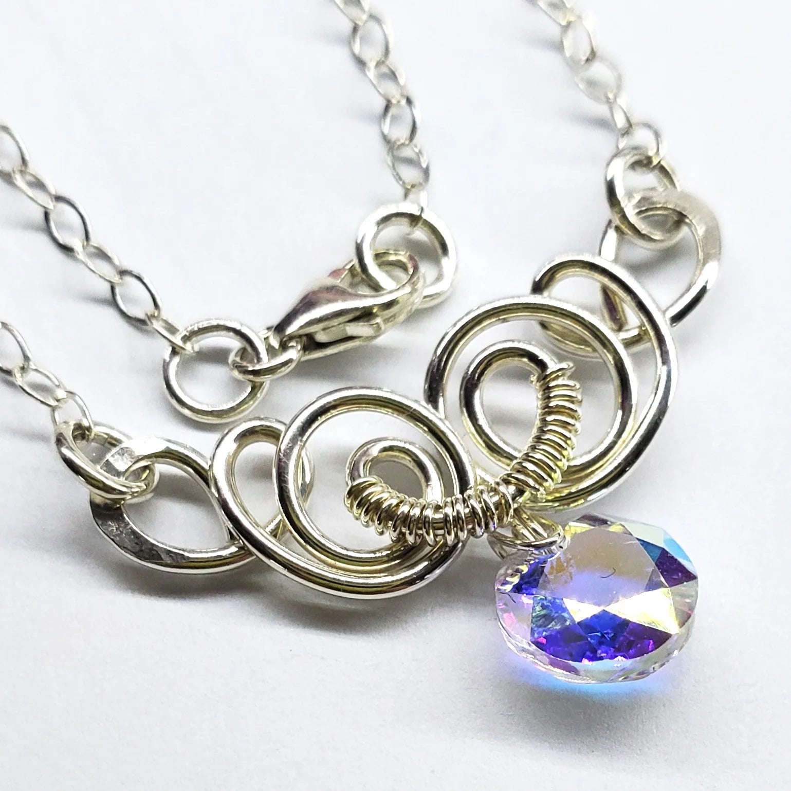 Silver Wire Sculpted round Aqua Crystal Pendant Necklace