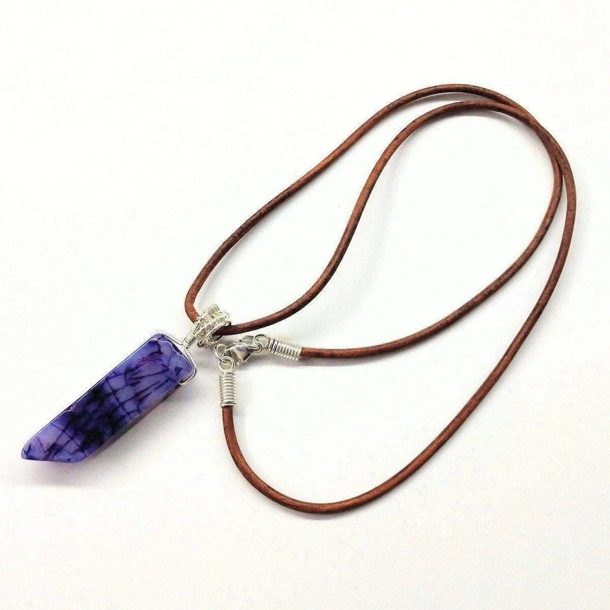 Mystic Violet Silver-Wrapped Agate Pendant on Leather Necklace