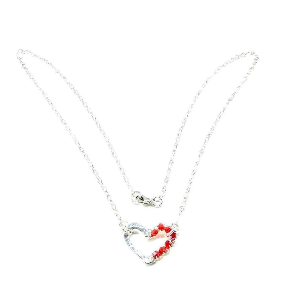 Crimson Sparkle Hammered Heart Silver Necklace