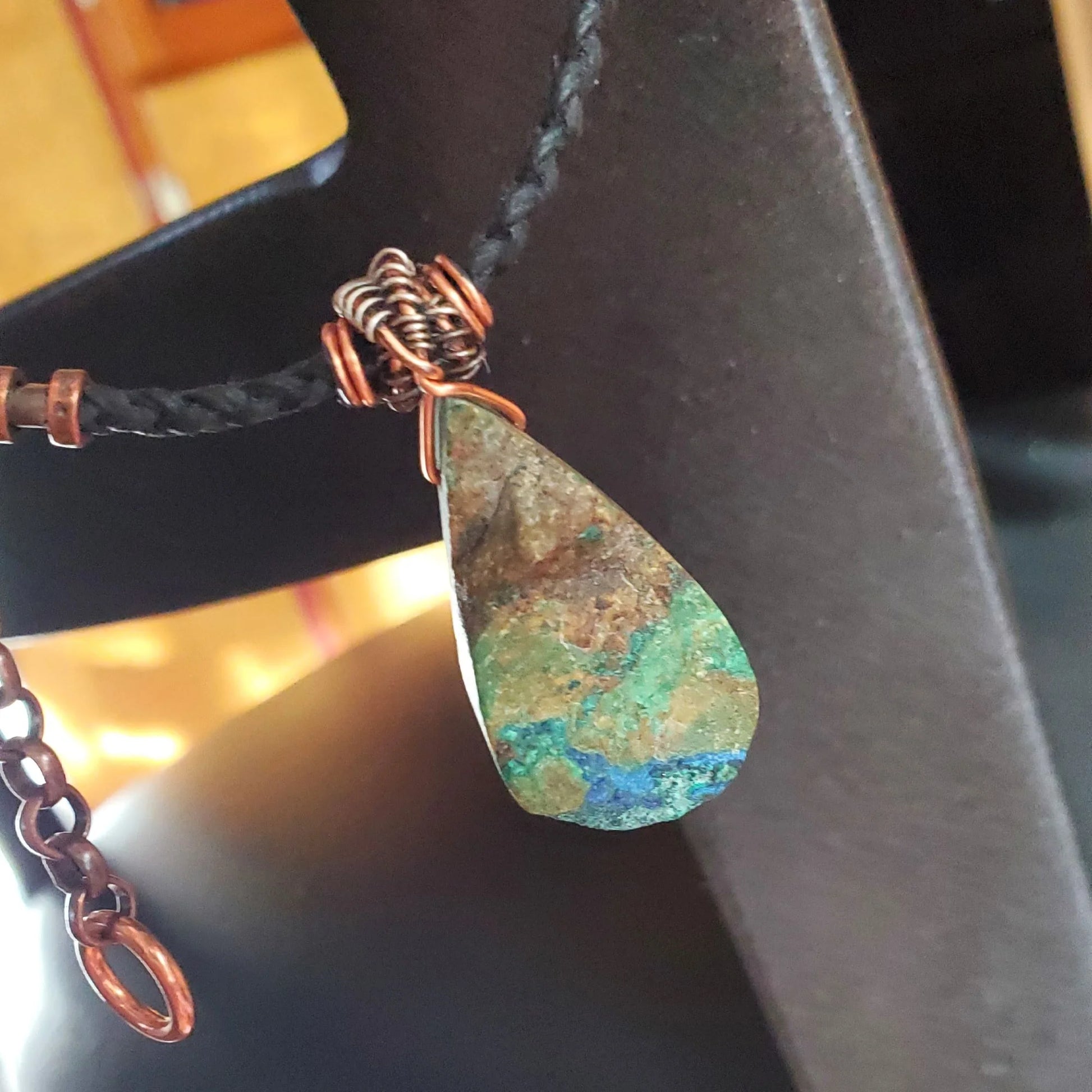 Handcrafted Azurite Malachite Drop Pendant on Vegan Cord Necklace