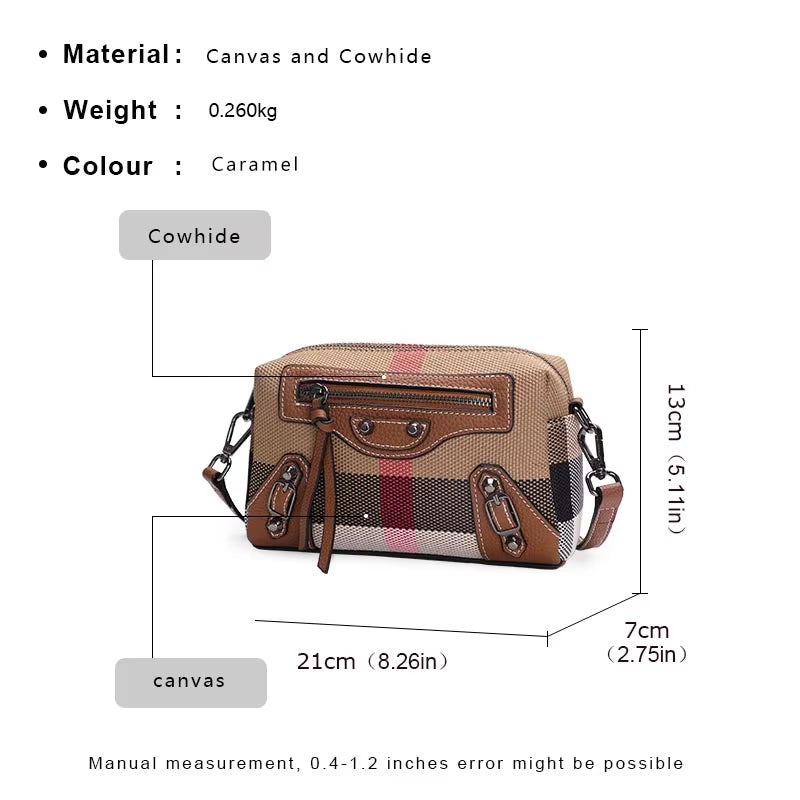 Classic and Quirky Motorcycle Bag, Genuine Leather Women'S Checkered Shoulder Bag, Retro Square Mini Crossbody Bag (023)