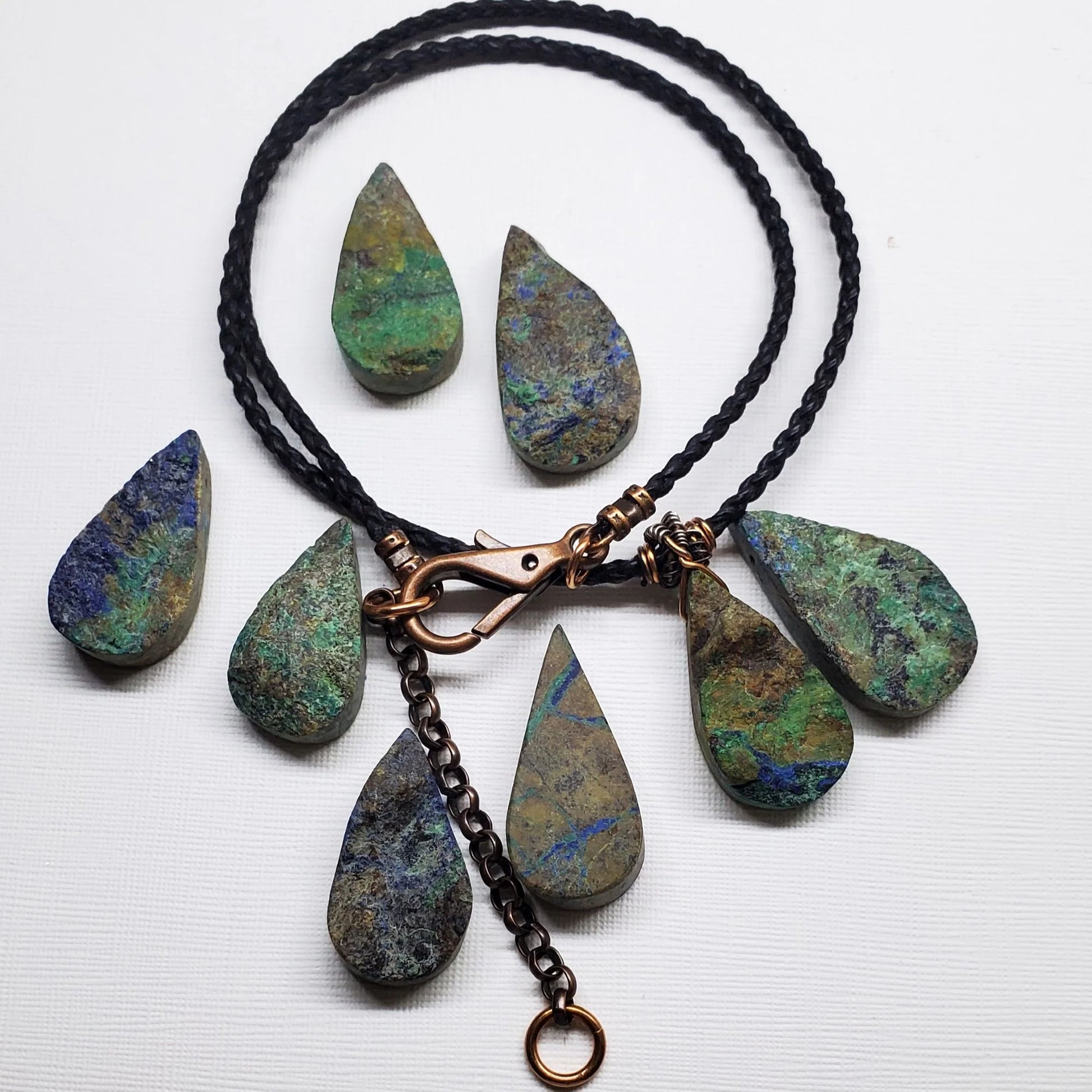 Handcrafted Azurite Malachite Drop Pendant on Vegan Cord Necklace