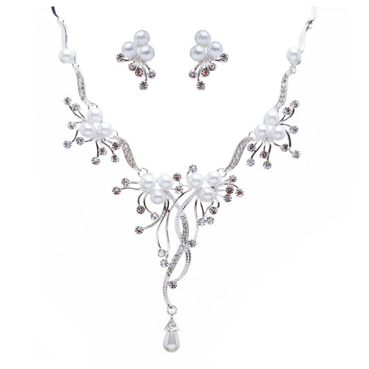 Bridal Wedding Jewelry Set Crystal Rhinestone Pearl Floral Vine Design Necklace