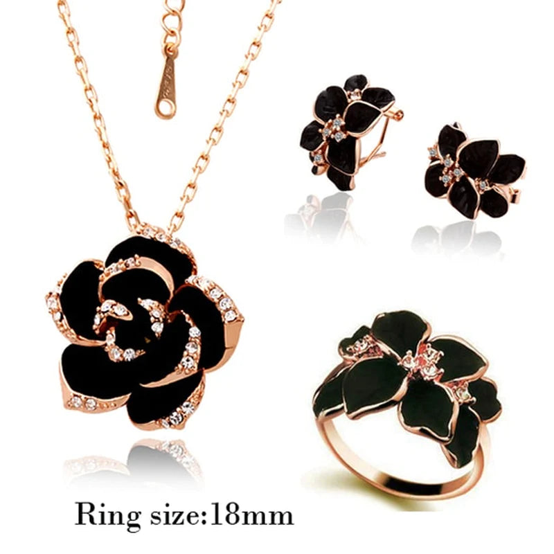 Fashion Rose Flower Enamel Jewelry Set Rose Gold Color Black Bridal Jewelry Sets for Women Wedding 2022 Best Selling Products