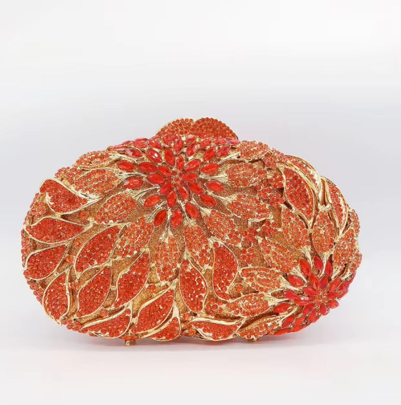 Gold Metal Leaves White Crystals Evening Clutch Bags Luxury Women Wedding Party Purse Ball Handbags Rhinestone Mini Minaudiere (070)