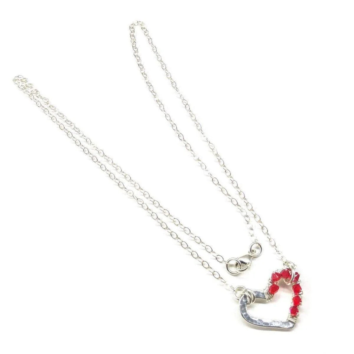 Crimson Sparkle Hammered Heart Silver Necklace