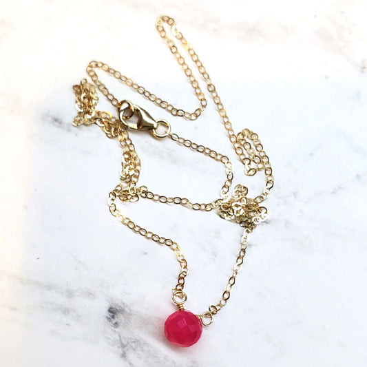 Tiny Hot Pink Chalcedony Gold Filled Necklace