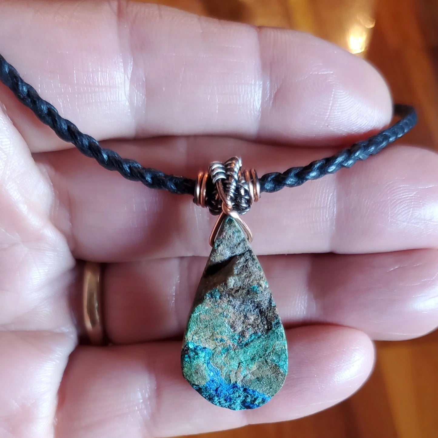 Handcrafted Azurite Malachite Drop Pendant on Vegan Cord Necklace