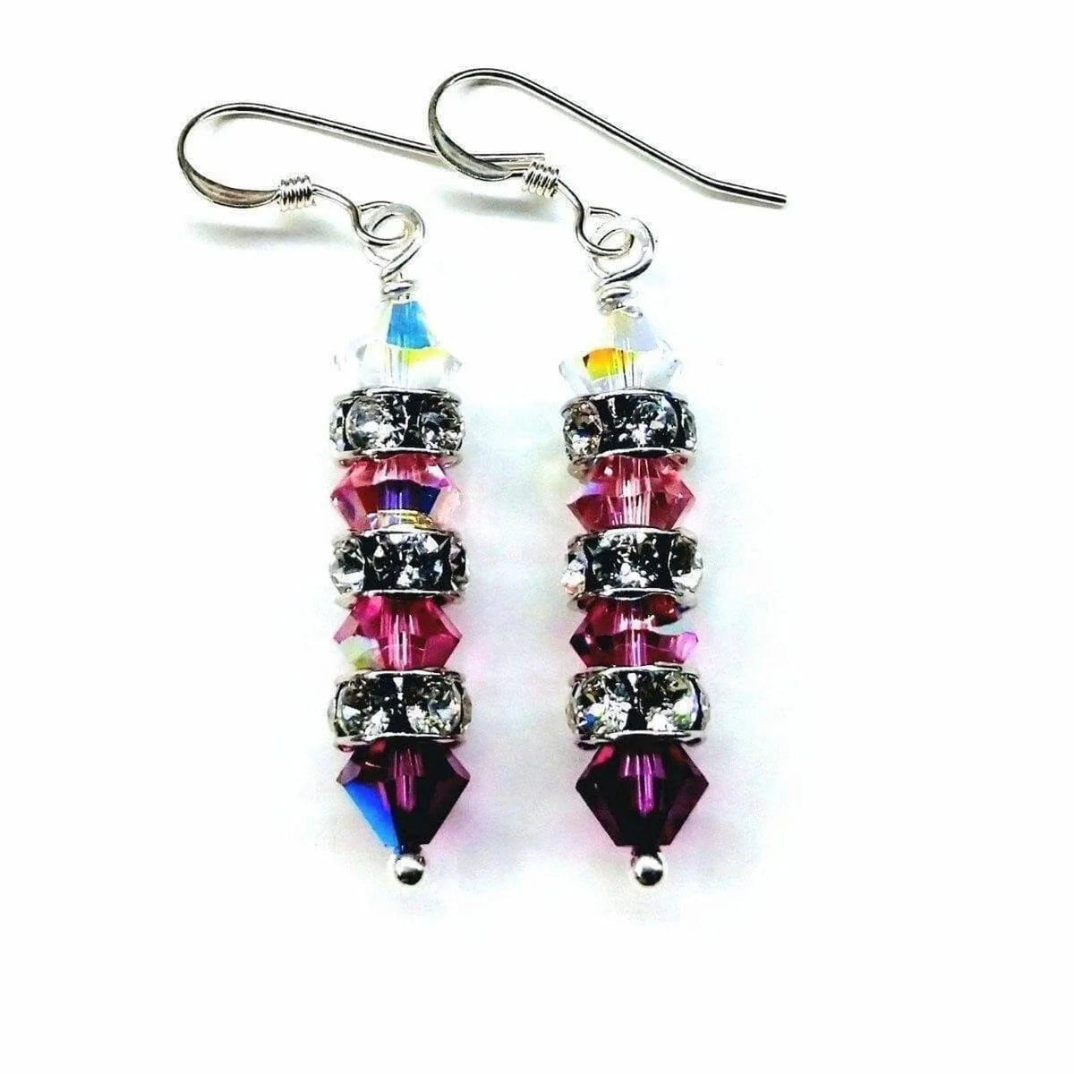 Vibrant Fuchsia Gradient Stacked Crystal Sterling Silver Dangles 