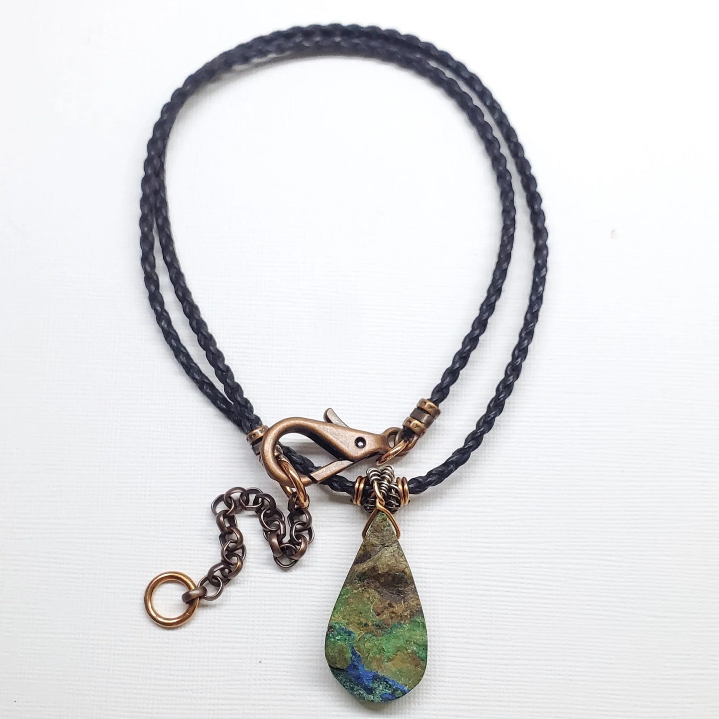 Handcrafted Azurite Malachite Drop Pendant on Vegan Cord Necklace