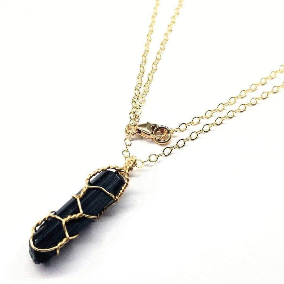 Messy Gold Wire Wrapped Black Tourmaline Pointed Crystal Pendant