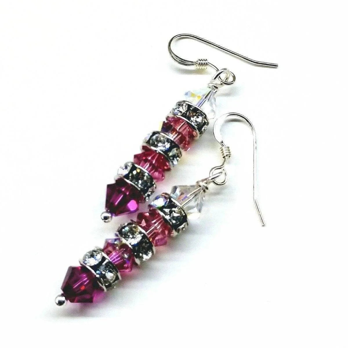 Vibrant Fuchsia Gradient Stacked Crystal Sterling Silver Dangles 