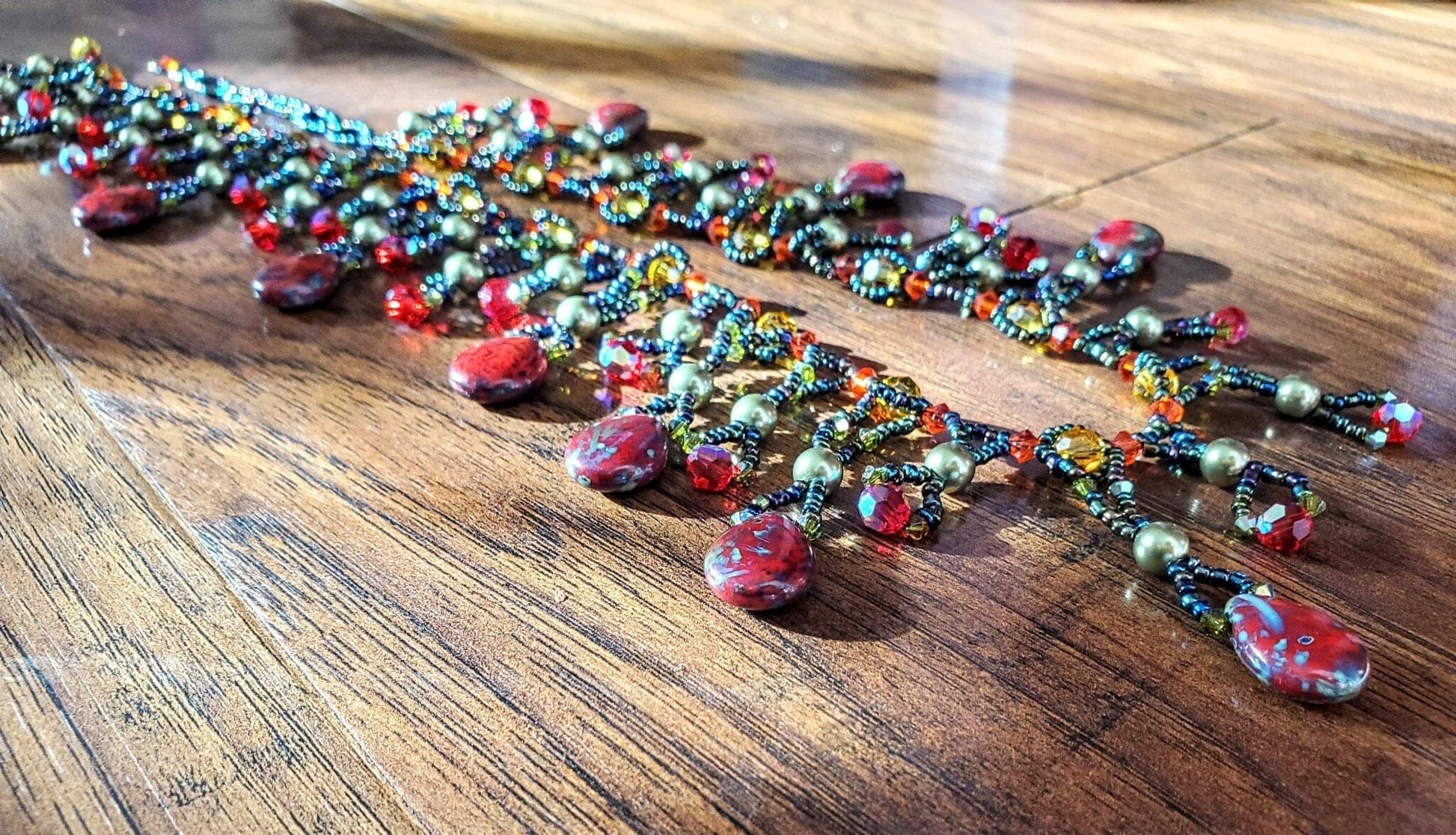 Sparkly Beaded Red and Green Waterfall Statement Necklace