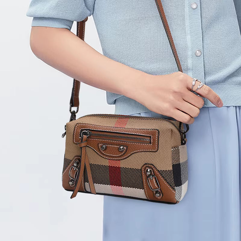 Classic and Quirky Motorcycle Bag, Genuine Leather Women'S Checkered Shoulder Bag, Retro Square Mini Crossbody Bag (023)