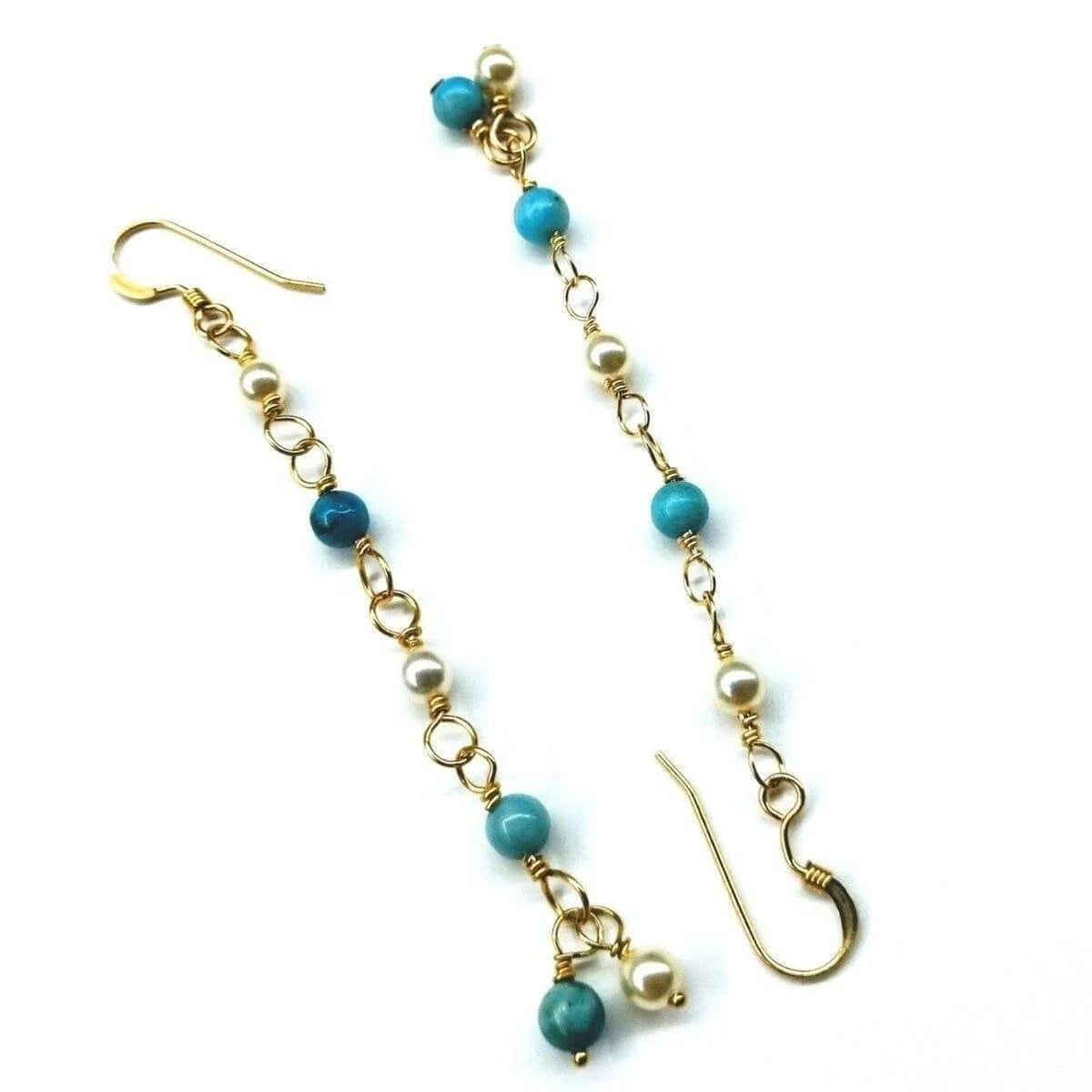 14 KT Gold Filled Wire Wrapped Long Turquoise Pearl Dangle Earrings