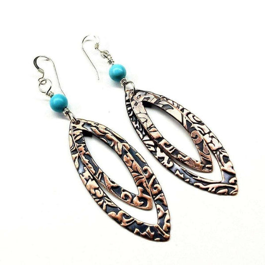 Copper Turquoise-Infused Embossed Oval Drop Earrings