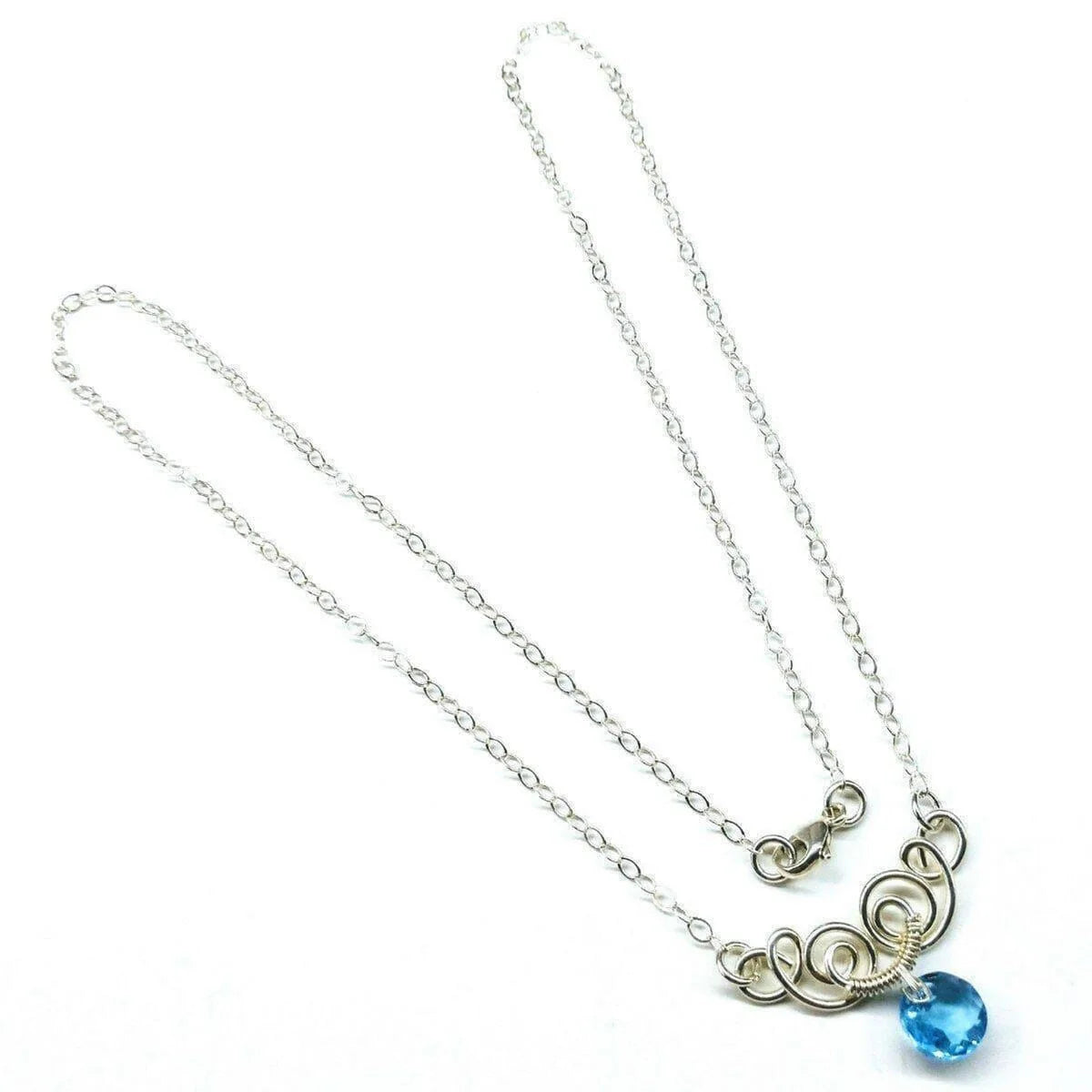 Silver Wire Sculpted round Aqua Crystal Pendant Necklace