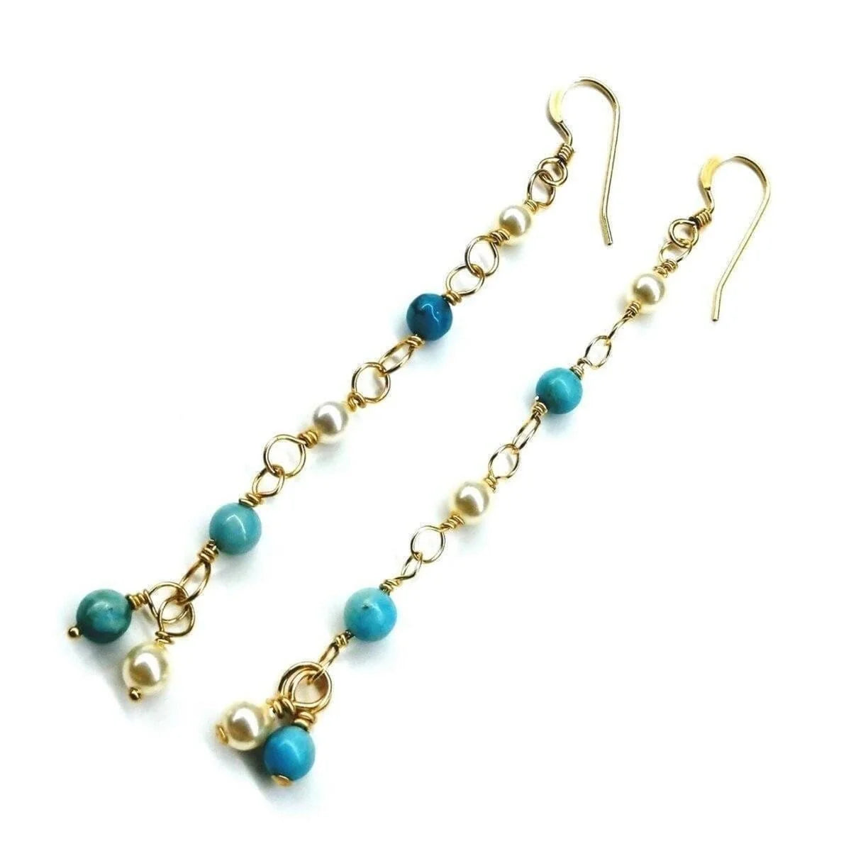 14 KT Gold Filled Wire Wrapped Long Turquoise Pearl Dangle Earrings