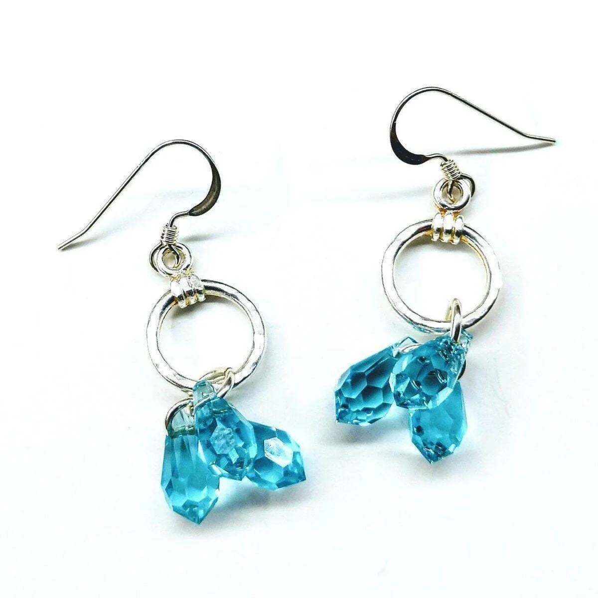 Sterling Silver Hammered Aqua Crystal Cascading Drop Earrings