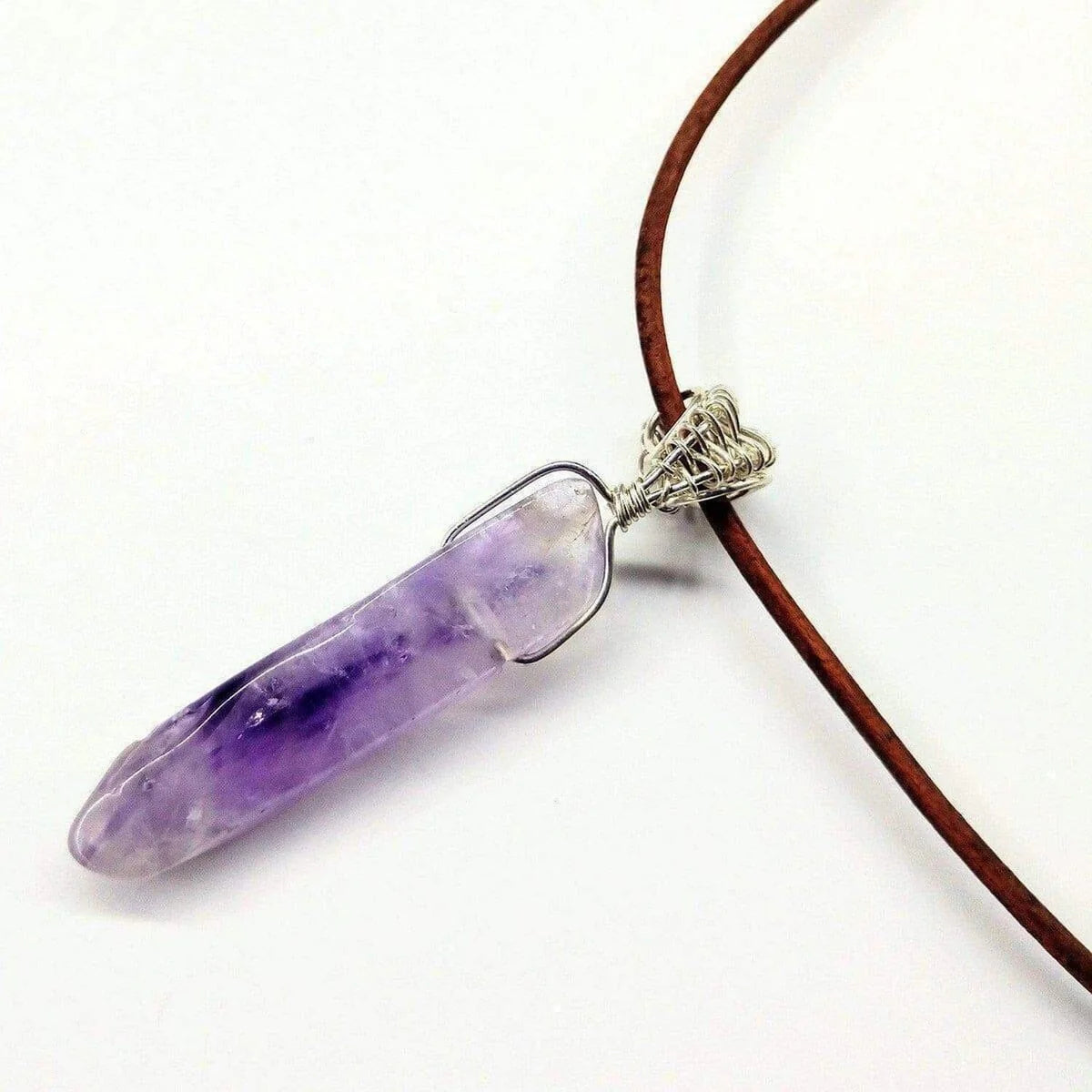 Lavender Gemstone Point Leather-Wrapped Pendant Necklace